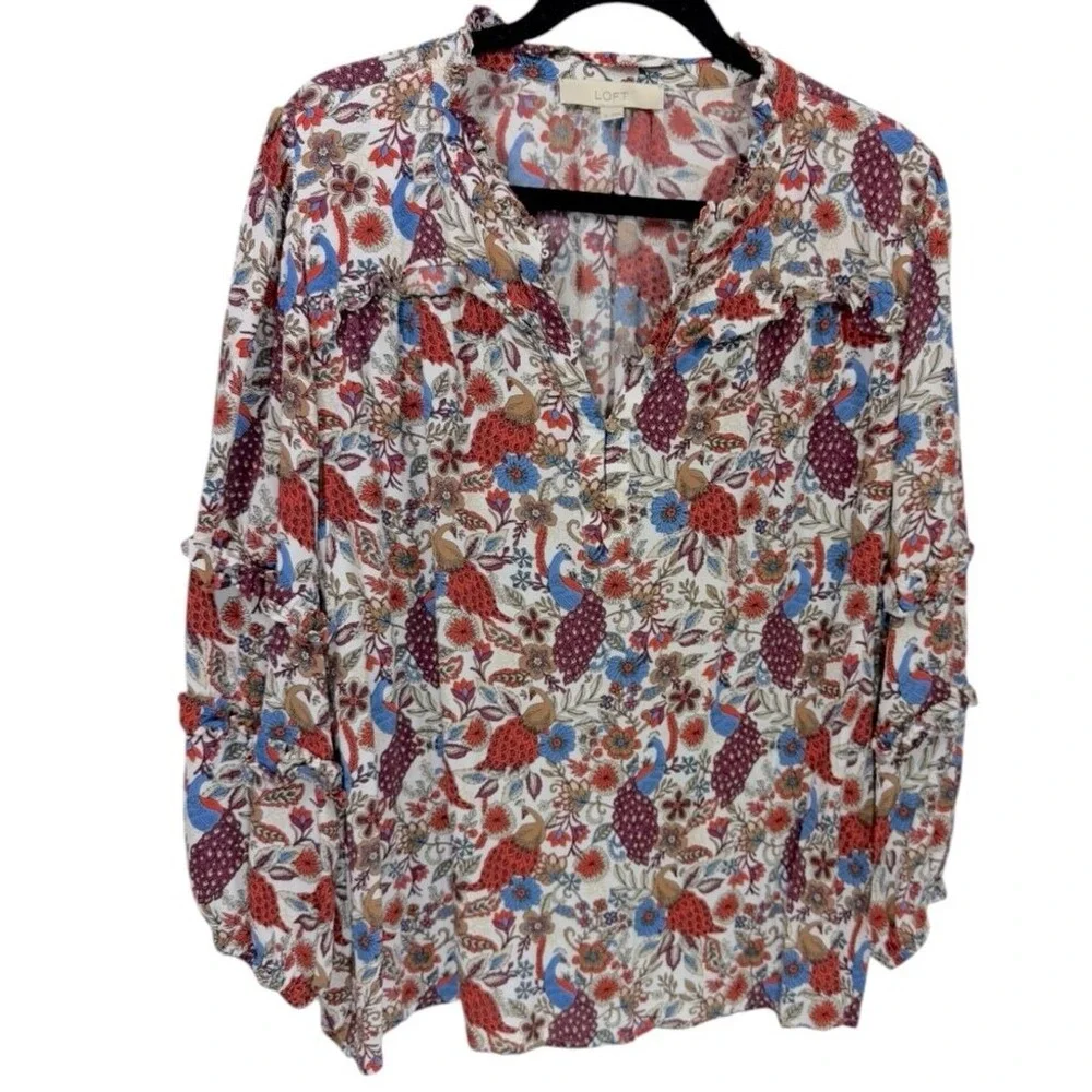 LOFT Womens Peacock Floral Ruffle Sleeve Henley Blouse Multicolor Top Size XL‎